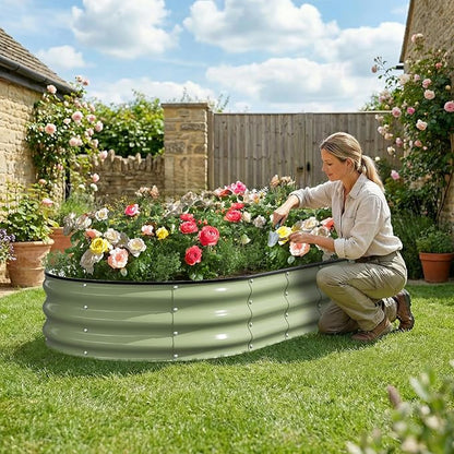 Kesfitt Raised Garden Bed, 6x3x1 FT Galvanized Steel Metal Raised Garden Bed, Oval Open-Bottom Design, 12-Inch Deep for Outdoor Vegetable & Herb Gardening, Fruit Green