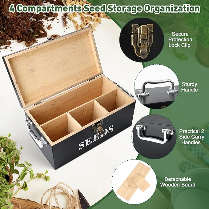 Coolrunner Wood Seed Saving Box, Seed Storage Organizer Case, Seed Packet Storage Organizer with Lock and 3 Handles, 30P Plant Labels, 30P Seeding Envelopes Bag (Black)