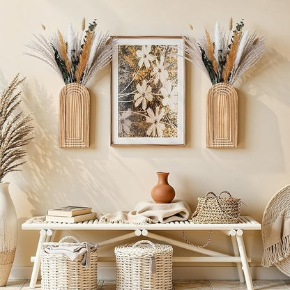 DREAMLOOM 2 Pack Wooden Wall Vases with Dried Pampas Grass and Eucalyptus Plants, Wall Hanging Planters Boho Modern Farmhouse Indoor for Narrow Spaces Entryway Bathroom Home Office Decoration, Brown