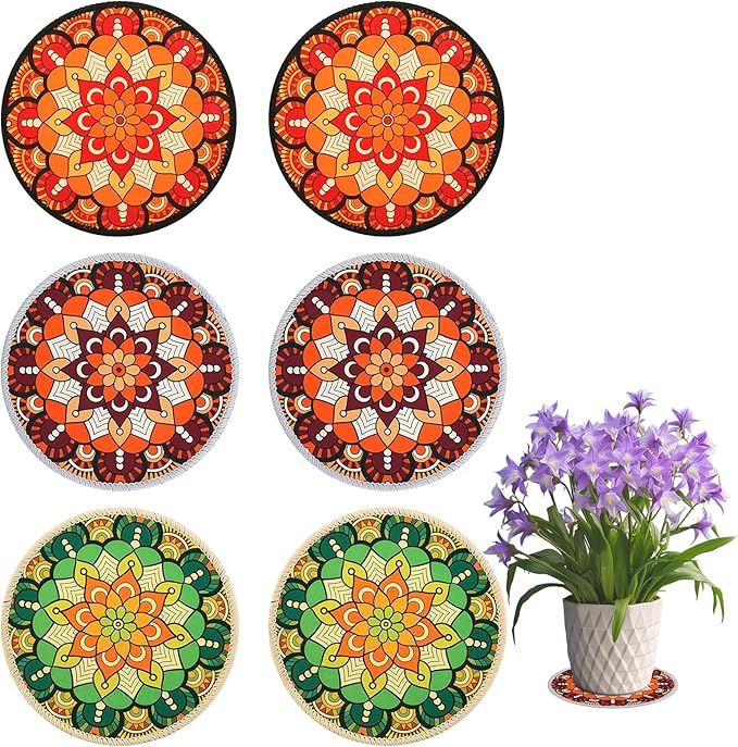 6 Pieces 7.87“ Boho Round Rubber Plant Coasters Absorbent Fabric Mats, No Smell,Non Slip Protects Surfaces, Fast Drying, for Indoor & Outdoor Plants or Pots.