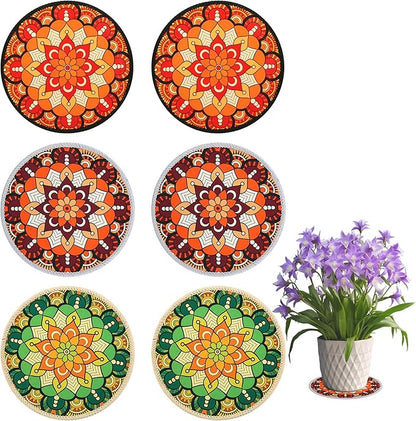 6 Pieces 7.87“ Boho Round Rubber Plant Coasters Absorbent Fabric Mats, No Smell,Non Slip Protects Surfaces, Fast Drying, for Indoor & Outdoor Plants or Pots.
