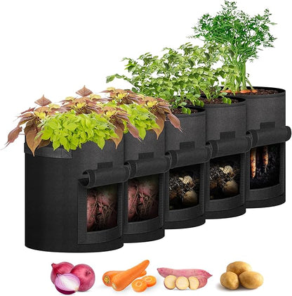 iPower 5 Pack 10 Gallon Potato Grow Bags with Flap, Garden Planting Nonwoven Fabric Pots with Reinforced Handle, Heavy Duty and Aeration Planter Pot for Tomato, Fruits, Vegetables and Flowers