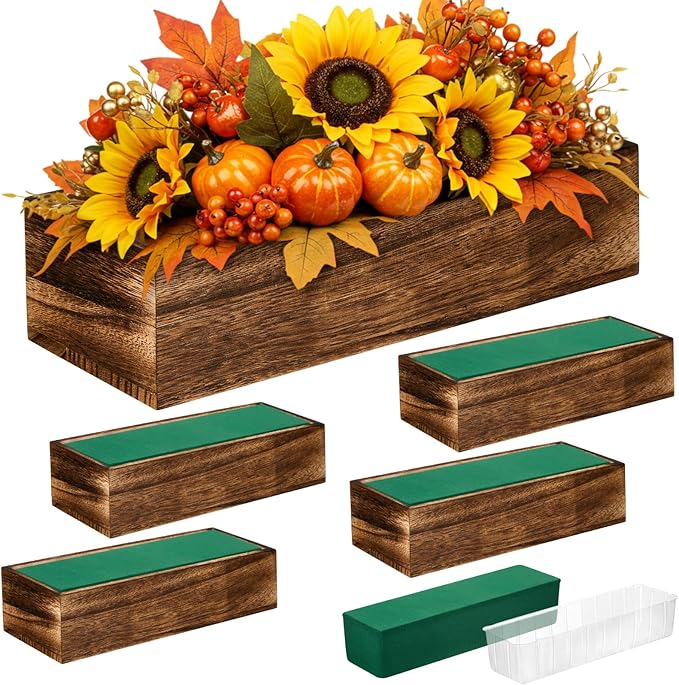 Dandat 5 Set Wood Boxes for Centerpieces 12x4 Inch Rectangle Wooden Planter Box Rustic Wood Planter with Removable Plastic Liner Floral Foam Blocks for Centerpieces Home Wedding Garden Decor