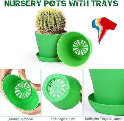 Aodaer 24 Pack 4 Inch Plastic Planters with Multiple Drainage Holes and Tray Indoor Outdoor Flower Plant Nursery Pots with Labels Flower Seedling Pots for Herb Garden Home Succulents, Assorted Colors