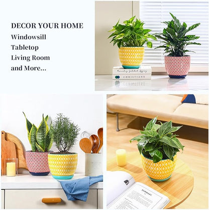 Selamica Ceramica Plant Pots, 6.5 Inch Flower Pots Set of 2 with Drainage Holes & Saucer, Planters for Indoor Plants, Home Decor, Assorted Colors