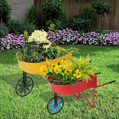 BAYN Metal Wheelbarrow Flower Cart Planter, 2 Packs Plant Stands with Triangular Support Handles Non-Rolling Wheel Vintage Wagon Planter Pots for Home Patio Garden Backyard Rustic Outdoor Decor