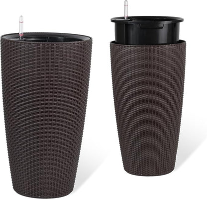 22" Tall Planter Set of 2, Large Self Watering Pots for Indoor/Outdoor Plants with Drain Holes, Water Level Monitor, Inner Bucket for Front Porch Patio, Brown Rattan Conical