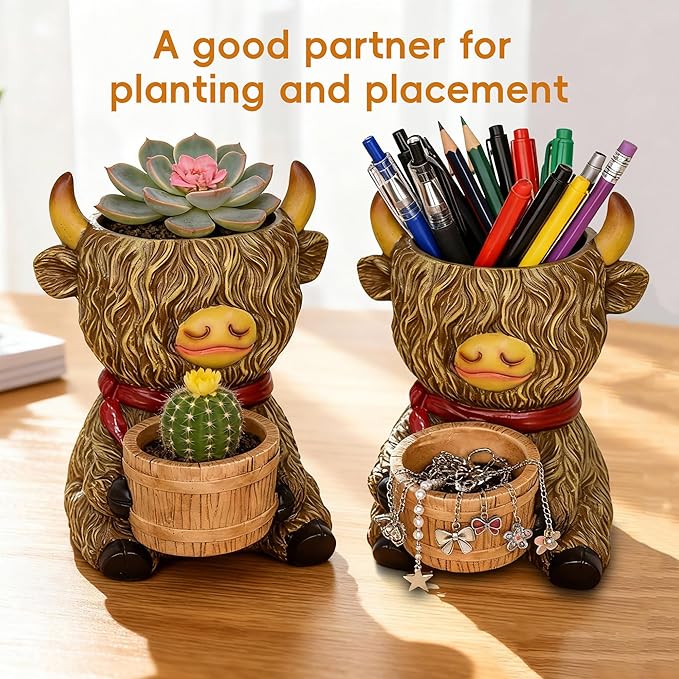 Cute Plant Pots Decor Gifts - Highland Cow Planter with Two Planters Animal Flower Pots with Drainage,Mini Succulent Pot for Home Desk Patio Decorations Outdoor Indoor Plants Pot Gift for Plant Lovers