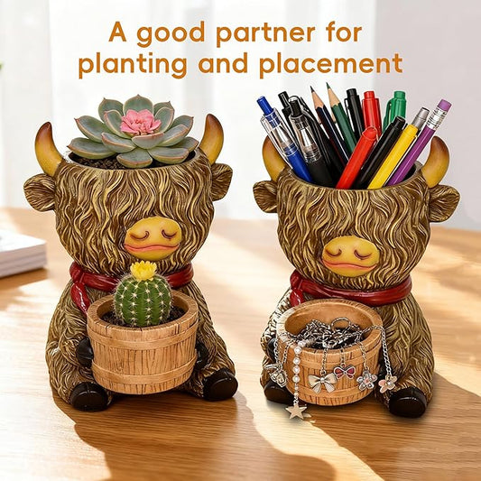 Cute Plant Pots Decor Gifts - Highland Cow Planter with Two Planters Animal Flower Pots with Drainage,Mini Succulent Pot for Home Desk Patio Decorations Outdoor Indoor Plants Pot Gift for Plant Lovers