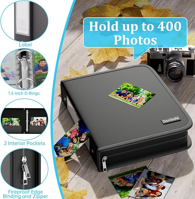DocSafe Photo Album 4x6 400 Pockets,Fireproof Photo Book with 100 Plastic Sleeves,Large Capacity Binder Protect Family Wedding Anniversary Baby Vacation Pictures,Zipper Closure,2-Inch O-Rings,Black