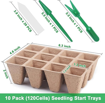 120 Cells Seed Starter Tray Kit, Biodegradable Peat Pots for Seedlings Trays, Plant Starter Seed Germination Kit with 20 Labels and 2 Transplant Tools (10, 120 Cells)