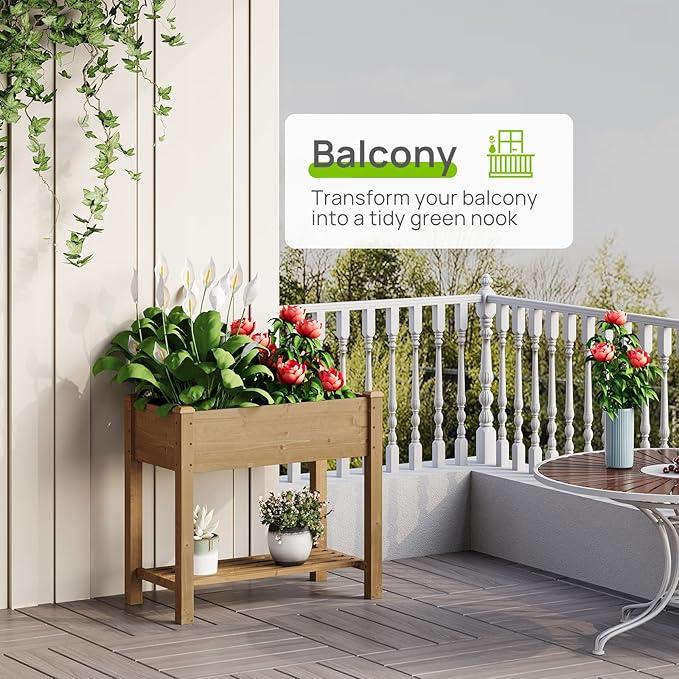 Raised Garden Bed with Legs, Wooden Raised Garden Bed with Storage Shelf, 34x18x30.7in, Elevated Wood Planter Box for Vegetables Flowers Herbs, Garden Planter for Backyard Patio Balcony (Brown, S)