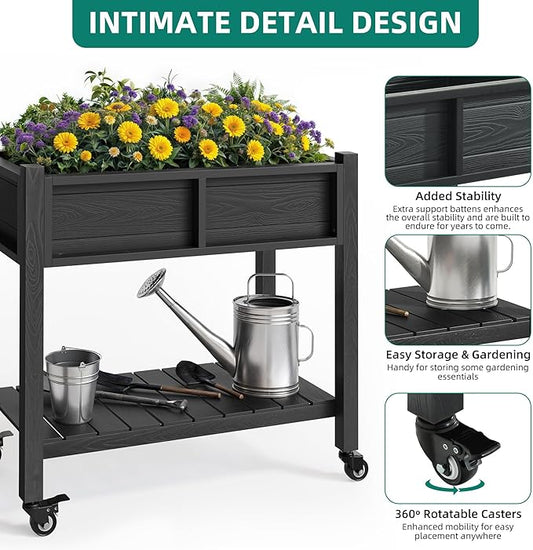 YITAHOME Raised Garden Bed, HIPS Poly Wood Elevated Planter Box with Shelf & Wheels for Mobility, Small Flower Box Stand for Patio Balcony Garden Backyard, Black