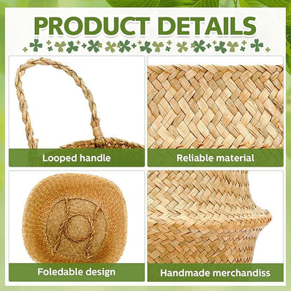 Qunclay 8 Pcs Woven Seagrass Baskets Belly Basket Folding Boho Natural Plant Pot with Handles Round Decorative Wicker Large Indoor Planter for Home Outdoor Tree Planters Decor (L,13''dx11''h)