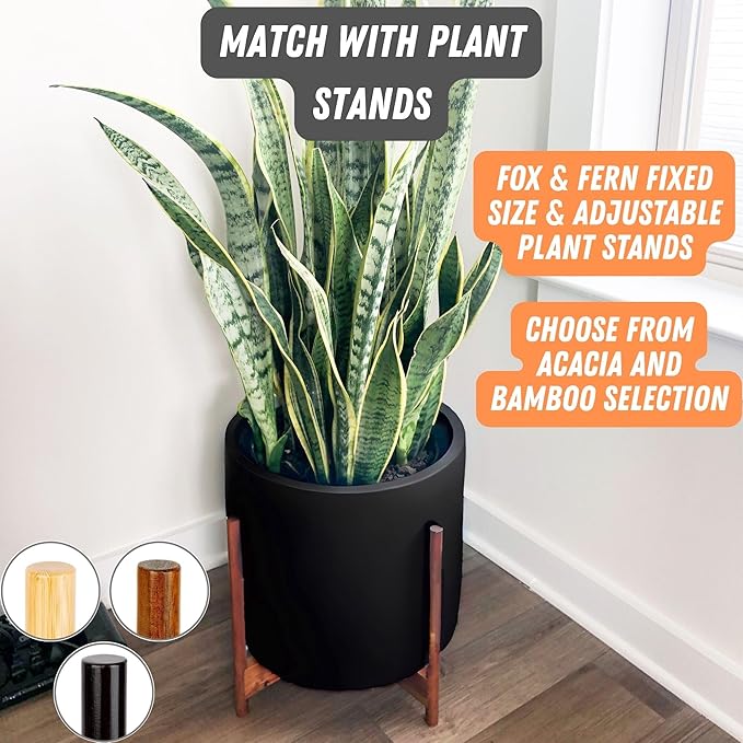 Fox & Fern 14.6 Inch Extra Large Planter — Premium Lightweight Fiberstone Matte Black Plant Pot with Drainage Plug - Big Planter for Indoor & Outdoor Use - Weather Resistant & UV Resistant