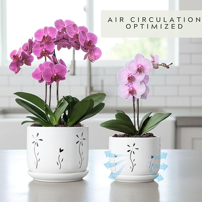 2 Pack, 5 + 6 Inch White Orchid Pots with Holes and Saucer, Ceramic Orchid Planters for Repotting with Drainage Holes and Tray, Plant Flower Pot containers for Orchid Indoor Outdoor