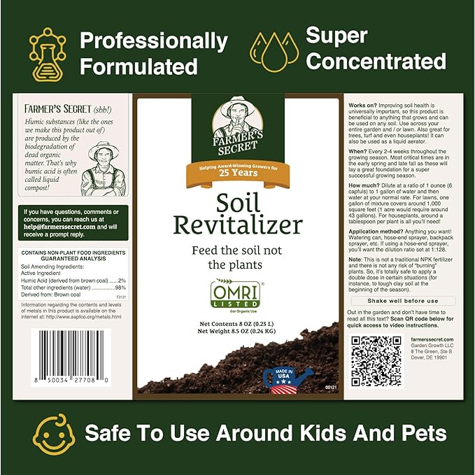 Farmer’s Secret Soil Revitalizer (32oz) - Organic (OMRI Listed) Beneficial Dirt Booster - Activated Humic Acid - Liquid Compost Soil Amendment