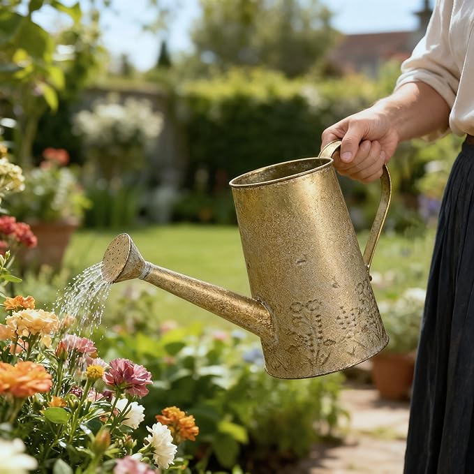 Vintage Distressed Gold Flower & Garden Watering Can, Decorative Metal Watering Pot Planter for Home Patio Backyard Outdoor Plant Care, Rustic Farmhouse Home Decor Accent