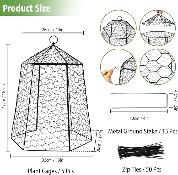 18.5" x 13" Large Plant Protection Cage, 5 Pcs Chicken Wire Cloche, Metal Protectors for Garden Plants, Protecting Fruits and Seedlings from Rabbits, Squirrels and Other Animals