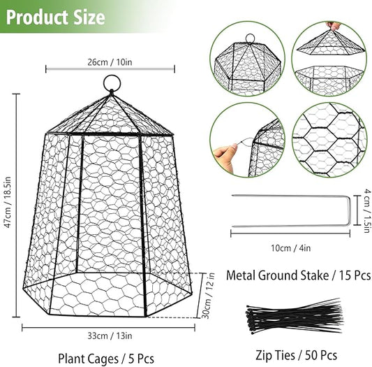 18.5" x 13" Large Plant Protection Cage, 5 Pcs Chicken Wire Cloche, Metal Protectors for Garden Plants, Protecting Fruits and Seedlings from Rabbits, Squirrels and Other Animals