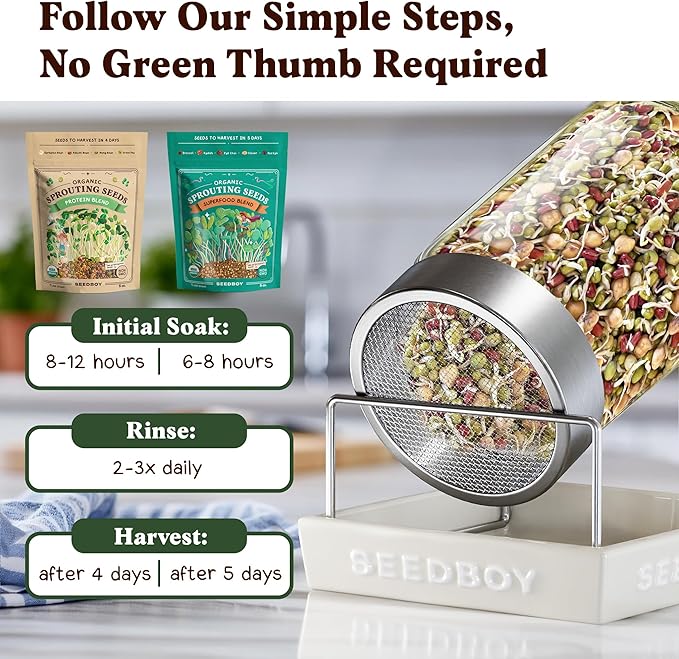 Seedboy Organic Non-GMO Sprouting Seeds, Superfood & Protein Blend - 2 Pack Bundle - USA Grown Sprouting & Microgreens Seeds - Two 8 oz Bags Makes 12 Quarts / 36 Servings (Superfood/Protein)