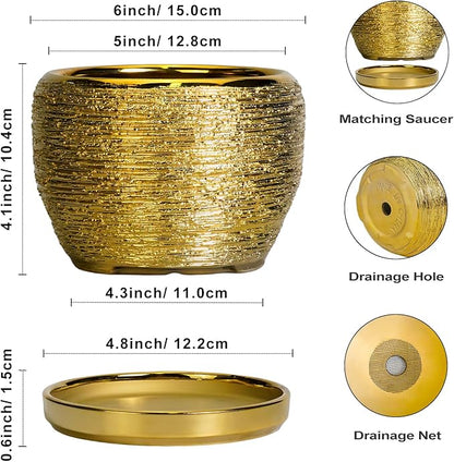 SQOWL Ceramic Planter - 6 Inch Plant Pot Indoor Outdoor, Modern Round Planter with Drainage Hole and Plant Saucer, Decorative Small Flower Pot, Home Decor, Birthday Gifts, Gold