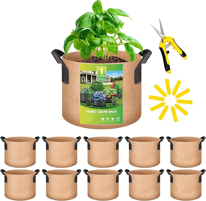 YSSOA 10-Pack Fabric Grow Bags 1 Gallon with Pruner, 300G Thickened Nonwoven Plant Growing Pots with Handles, Planting Bags for Vegetables, Tan