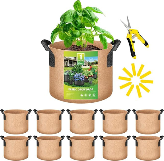 YSSOA 10-Pack Fabric Grow Bags 1 Gallon with Pruner, 300G Thickened Nonwoven Plant Growing Pots with Handles, Planting Bags for Vegetables, Tan