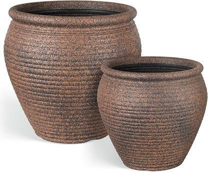WORTH Clay-Pot-Style Plastic Planter Pots Set of 2 (Large: 17"Dia x 16"H & Small: 13"Dia x 13"H), Rustic style Flower Pots, Lightweight Plant Pots with Drainage Hole & Plug for Indoor & Outdoor Use