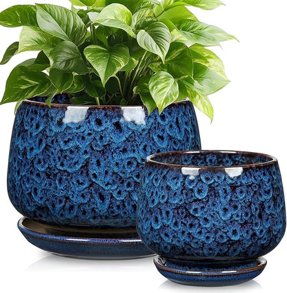 Blue Ceramic Planter Pots with Drainage Holes, Set of 2 7''+5'' Saucers and Mesh Pads Large Round Plant Pot for Indoor-Outdoor Plants, Succulent Orchid Flower
