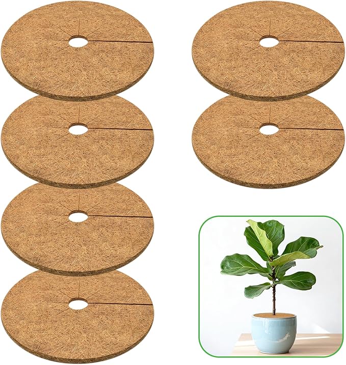 ZeeDix 6 Pack Coconut Fiber Mulch Ring, 11.8 Inch Coco Coir Tree Ring Mulch Mat, 100% Natural Tree Protector Mat Plant Cover Ring Coconut Coir Discs Tree Mats Mulch Rings for Indoor Outdoor Plants