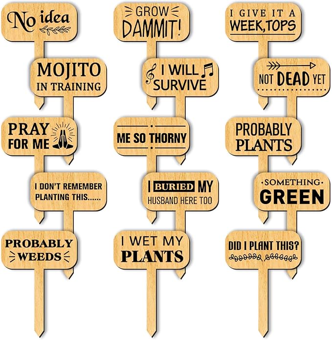 arricraft 15 Pcs Funny Plant Markers, Wooden Garden Stakes T-Type Garden Labels Funny Talking Plant Funny Garden Signs Plant Markers for Indoor and Outdoor Potted Seed Herbs Unique Funny Gifts