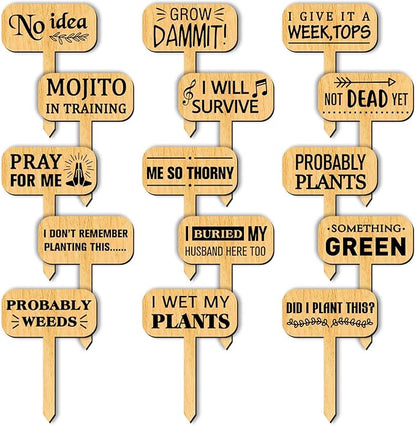 arricraft 15 Pcs Funny Plant Markers, Wooden Garden Stakes T-Type Garden Labels Funny Talking Plant Funny Garden Signs Plant Markers for Indoor and Outdoor Potted Seed Herbs Unique Funny Gifts