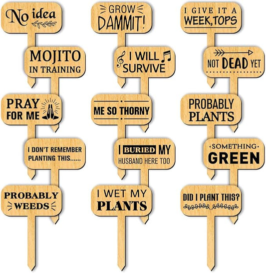 arricraft 15 Pcs Funny Plant Markers, Wooden Garden Stakes T-Type Garden Labels Funny Talking Plant Funny Garden Signs Plant Markers for Indoor and Outdoor Potted Seed Herbs Unique Funny Gifts