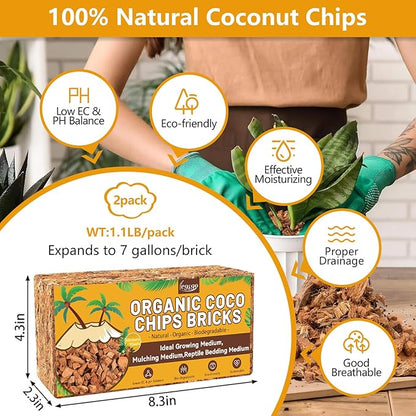 Legigo 2 Pack Coco Coir Chips for Plants- 2.2 LB 100% Organic Coconut Chips Brick Potting Mix with Low EC & PH Balance, Coconut Husk Substrate Coco Husk Mulch for Garden, Planting, Orchid and Soil Mix