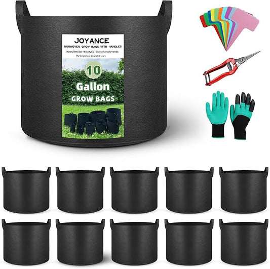 10-Pack 10 Gallon Grow Bags, Heavy Duty 300G Thickened Non-Woven Fabric Grow Bags, Ventilated Plant Pots with Reinforced Handies