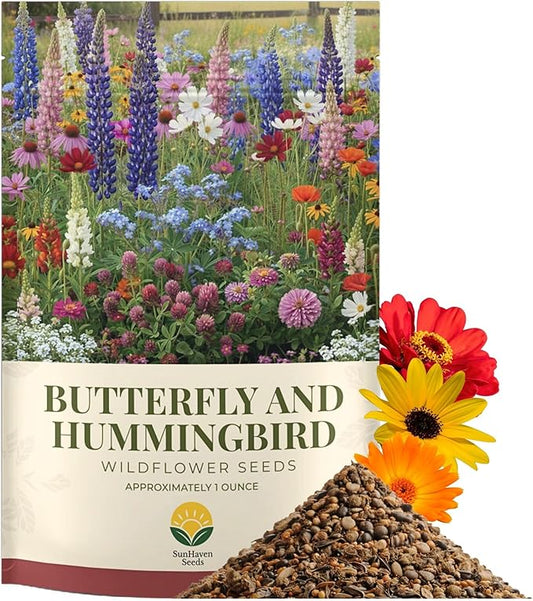 Butterfly and Hummingbird Wildflower Mix – 30,000+ Seeds – 1 oz Bulk Extra Large Resealable Packet – Non-GMO Open Pollinated Wildflower Seeds