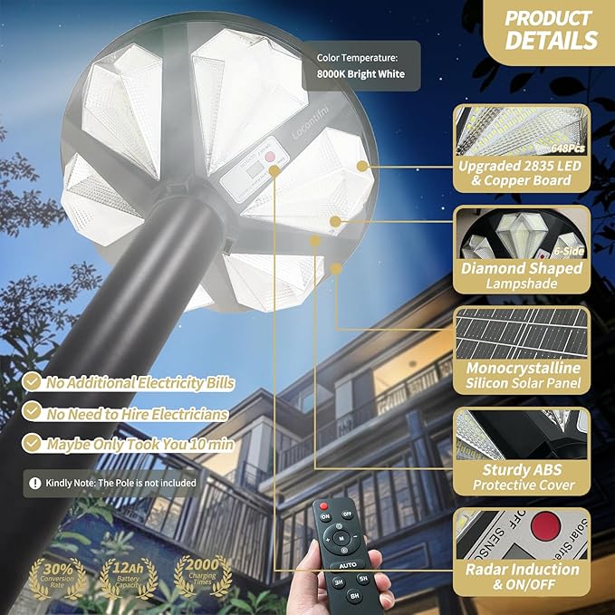 Outdoor Solar Lamp Post Light with Motion Sensor, Dusk to Dawn IP65 Waterproof, 648 LEDs Solar Powered Street Light with Remote for Garden, Lawn, Pathway, Yard (Not Included Pole)