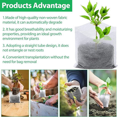 Augshy 200Pcs Nursery Growing Bags, Non-Woven Fabric Seedling Pots for Planting Seed Starting Pots Pouches for Vegetable Flower Fruit Saplings Tree (4.2" x 4.2")