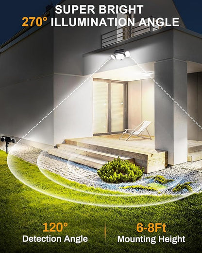 Solar Motion Lights Outdoor with Stake, 208 LED 270° Illumination Security Flood Lights for Yrad Garden Pathway, 3 Modes, IP65 Waterproof, In-Ground or Wall Mount