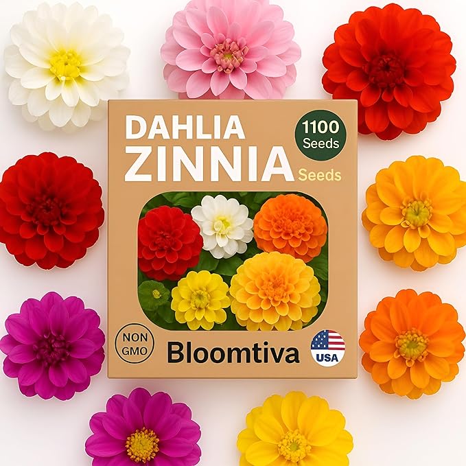 Dahlia Zinnia Seeds Bulk – 1100 Heirloom Zinnia Seeds for Planting Outdoors - Mixed Colors & Large Blooms for Gardens - High Germination (Zinnia elegans)