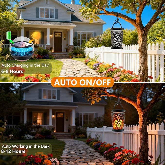 Solar Lanterns Outdoor Waterproof ,2 Pack Flickering Solar Flame Lights Upgraded Hanging Flame Lantern Pathway Torch Light Table Lamp, Auto On/ Off Porch Yard Gifts (1 Lighting Mode)