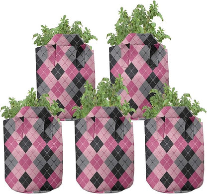 Ambesonne Pink Grey Grow Bags 5-Pack, Diamonds and Lozenges, Heavyduty Fabric Pots with Handles for Plants, Pale Pink Black Grey