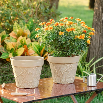 Melphoe Plant Pots Indoor with Drainage & Saucer, 2Pack 10 inch Flower Pots Outdoor Planters for Indoor Plants Garden Home Decor Cactus Succulent, Rigid Plastic (Imitation-Terracotta) Vine-Embossed