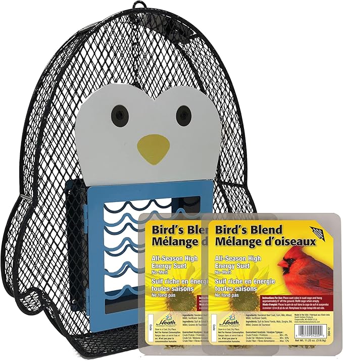 Heath Whimsical Penguin Suet 'n Seed Bird Feeder for Sunflower Seeds with 2 Free Bird's Blend Suet Cakes Included