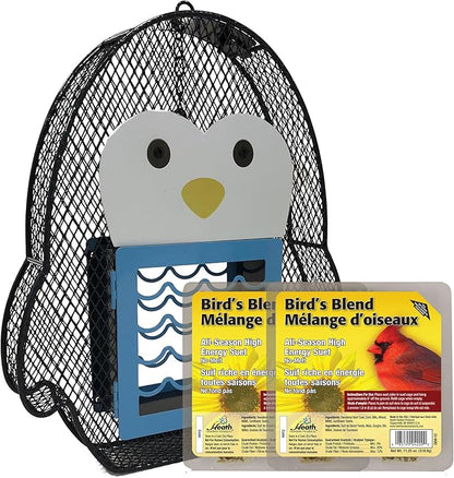 Heath Whimsical Penguin Suet 'n Seed Bird Feeder for Sunflower Seeds with 2 Free Bird's Blend Suet Cakes Included