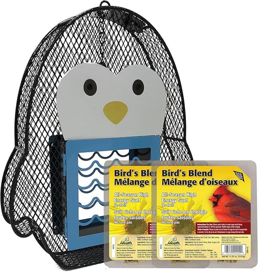Heath Whimsical Penguin Suet 'n Seed Bird Feeder for Sunflower Seeds with 2 Free Bird's Blend Suet Cakes Included