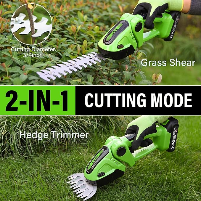 SOYUS Cordless Grass Shear, 2-in-1 Handheld Hedge Trimmers, 21V Electric Grass Trimmer & Shrubbery Trimmer, Battery Operated Hedge Trimmer for Garden/Lawn with Charger and 2Pcs Batteries