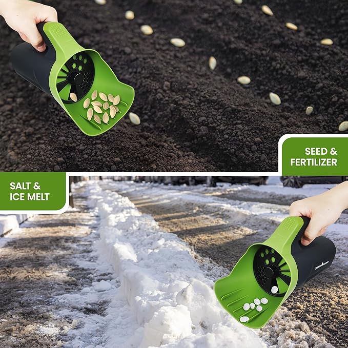 Garden Guru Handheld Seed Spreader Shaker – Multi Use Grass Seed, Fertilizer, Salt, Ice & Snow Melt Spreader – Adjustable Twist Cap w Multiple Size Openings – Lightweight 1L Capacity Hand Seeder