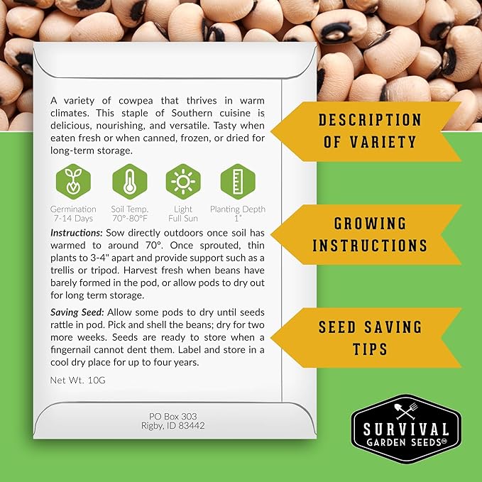 Black Eyed Pea Seeds for Planting - Heirloom Non-GMO Cowpea Variety - Drought Tolerant, High-Yield Southern Field Peas for Home Gardens and Food Independence - Survival Garden Seeds (5 Pack)